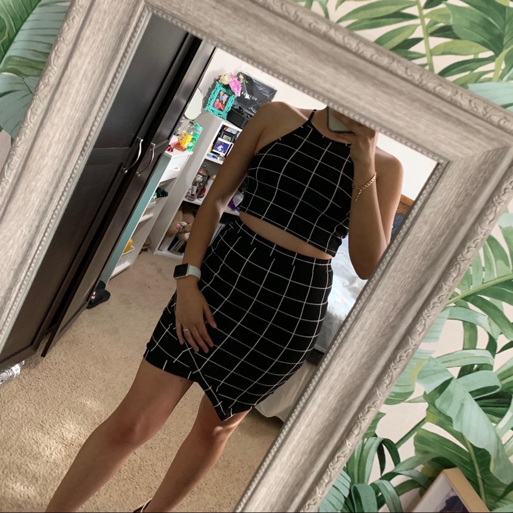 Two-piece plaid halter top and skirt